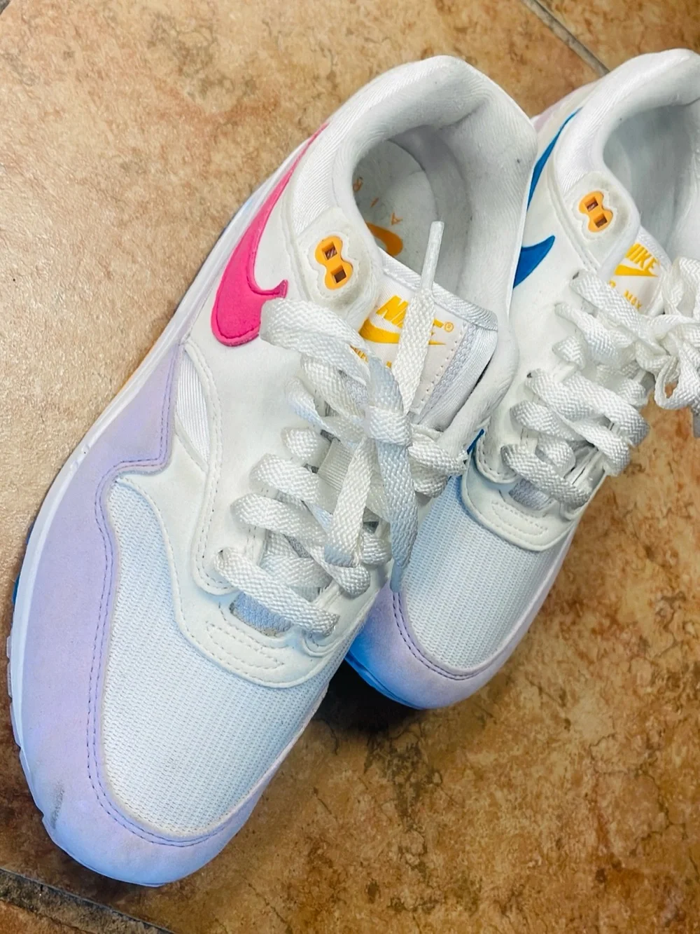 Nike Women’s White Sneakers with Pink, Blue & Lavender Accents